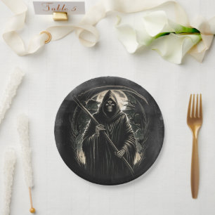 Grim Reaper Black Grunge Halloween Costume Party Paper Plate