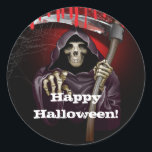 Grim Reaper Bloody Halloween Party Classic Round Sticker<br><div class="desc">customise for your event. The Party Text is removable or can be re-positioned.
Created by Wannapik - Freepik.com</div>