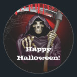 Grim Reaper Bloody Halloween Party Classic Round Sticker<br><div class="desc">customise for your event. The Party Text is removable or can be re-positioned.
Created by Wannapik - Freepik.com</div>