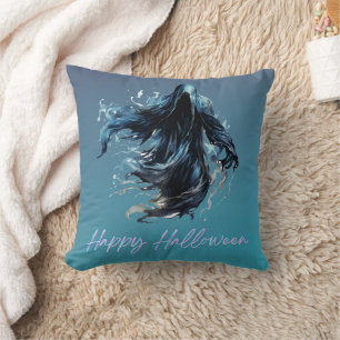 Grim Reaper Blue and Black Happy Halloween Cushion
