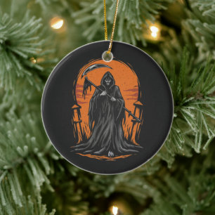 Grim Reaper Cartoon in Sunset Graveyard Ceramic Tree Decoration