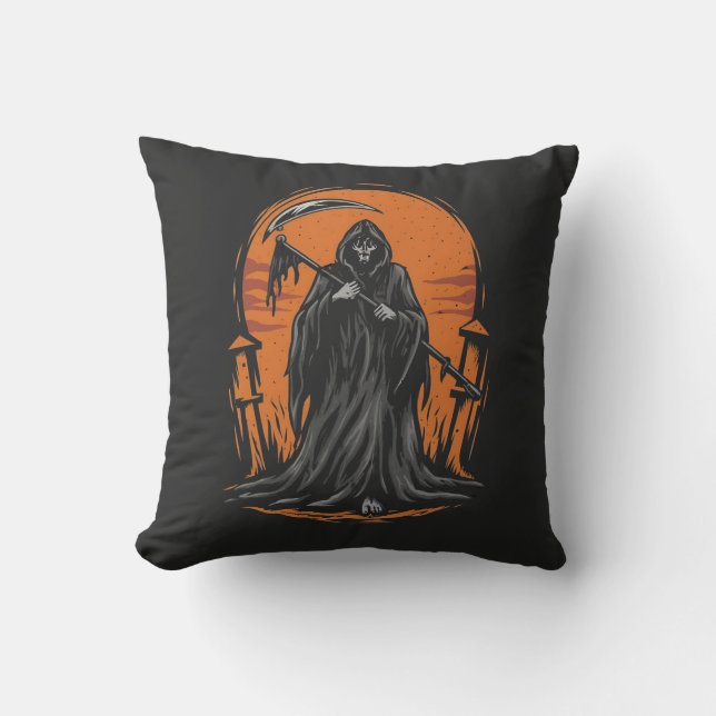 Grim Reaper Cartoon in Sunset Graveyard Cushion (Front)