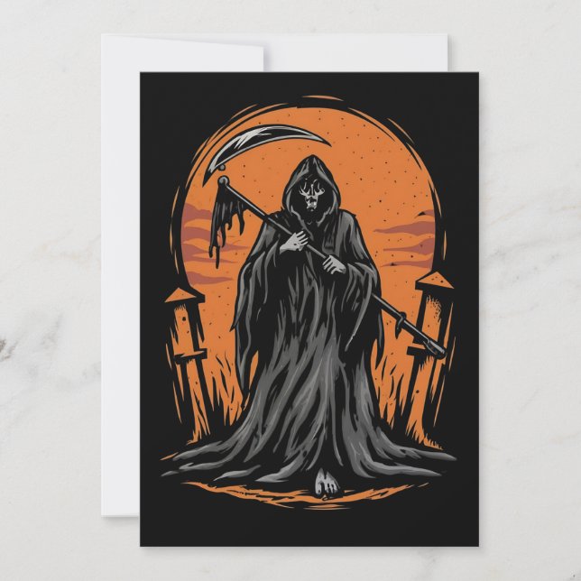 Grim Reaper Cartoon in Sunset Graveyard Invitation (Front)