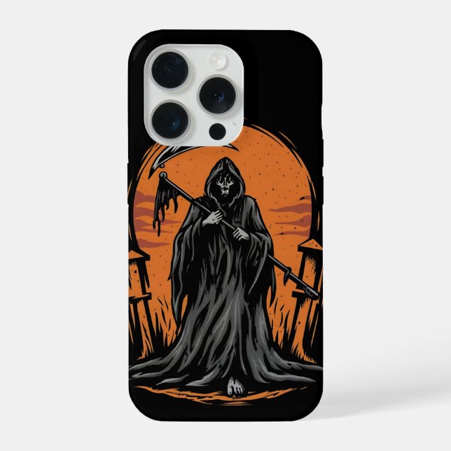 Grim Reaper Cartoon in Sunset Graveyard iPhone Case (Back)