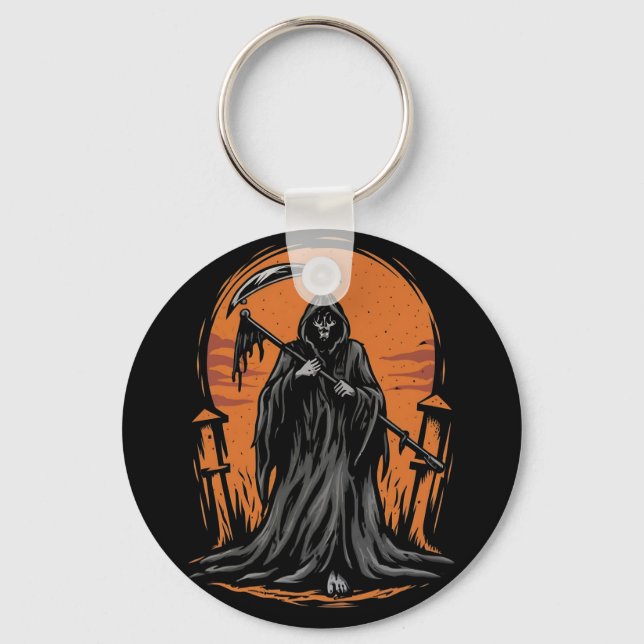 Grim Reaper Cartoon in Sunset Graveyard Key Ring (Front)