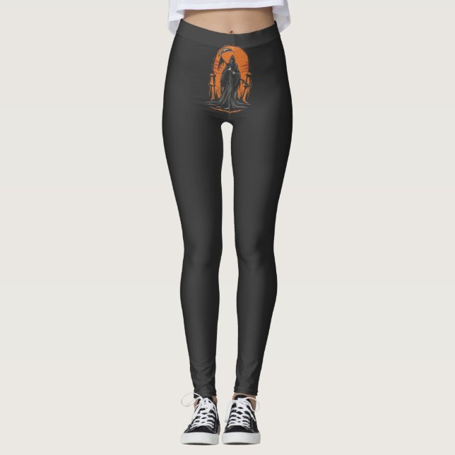 Grim Reaper Cartoon in Sunset Graveyard Leggings (Front)