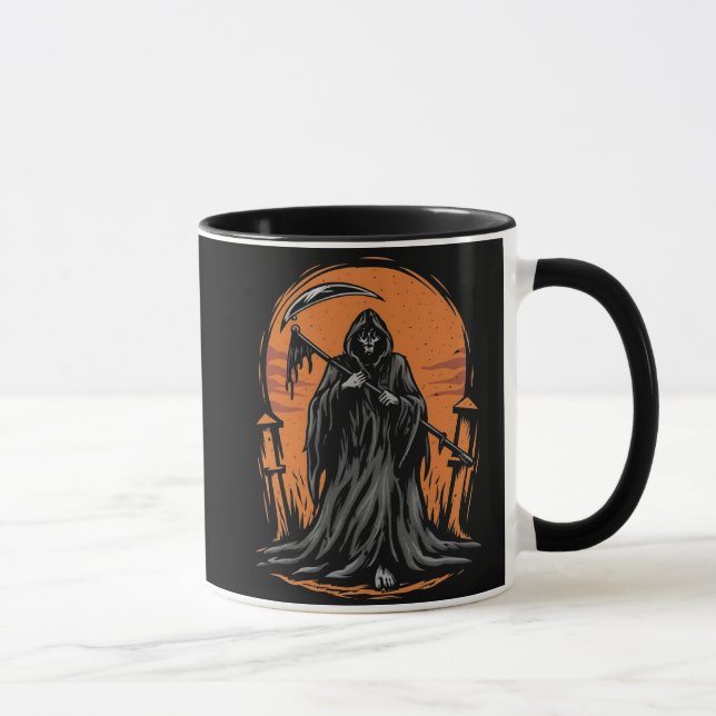 Grim Reaper Cartoon in Sunset Graveyard Mug (Right)