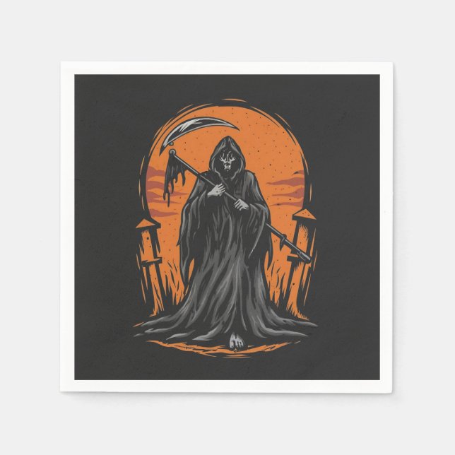 Grim Reaper Cartoon in Sunset Graveyard Napkin (Front)