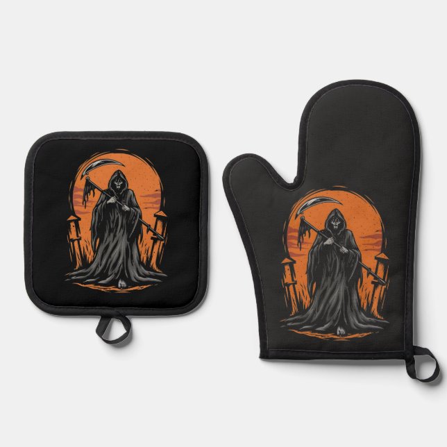 Grim Reaper Cartoon in Sunset Graveyard Oven Mitt & Pot Holder Set (Front)