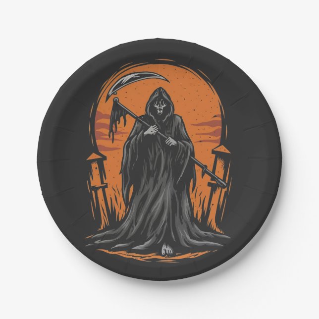 Grim Reaper Cartoon in Sunset Graveyard Paper Plate (Front)