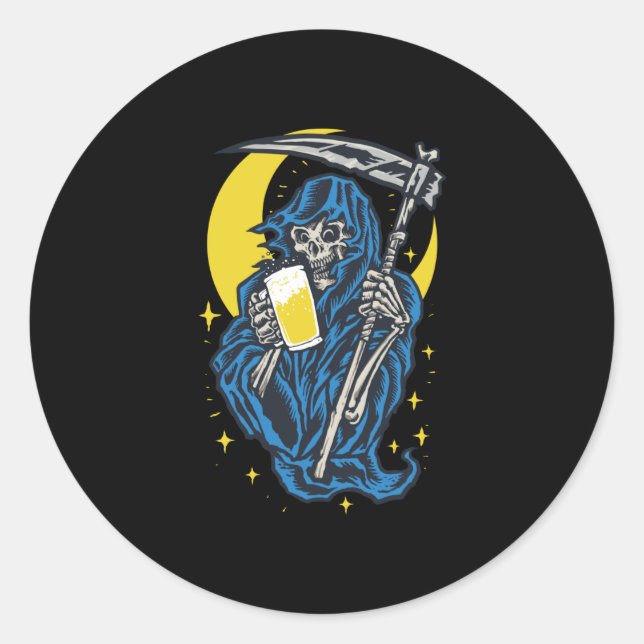 Grim Reaper Drinking Beer Classic Round Sticker (Front)