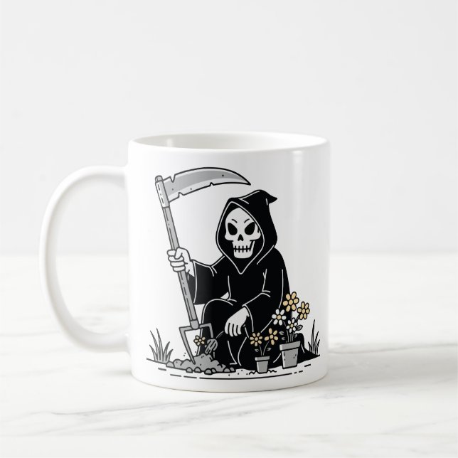 Grim Reaper Gardening Flowers Coffee Mug (Left)