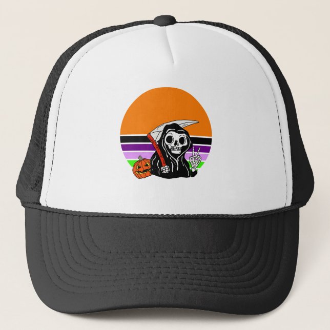 Grim Reaper - Halloween Sunset Jack O'Lantern Trucker Hat (Front)