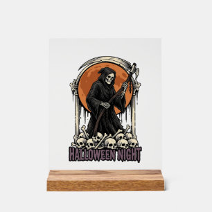 Grim Reaper Halloween Vintage Engraving White Shir Acrylic Sign