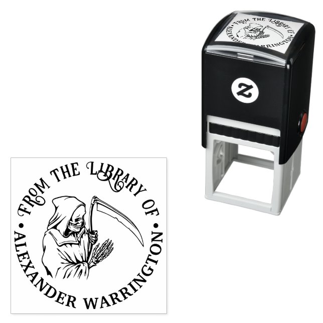 Grim Reaper Line Art #3 Round Library Book Name Self-inking Stamp (In Situ)