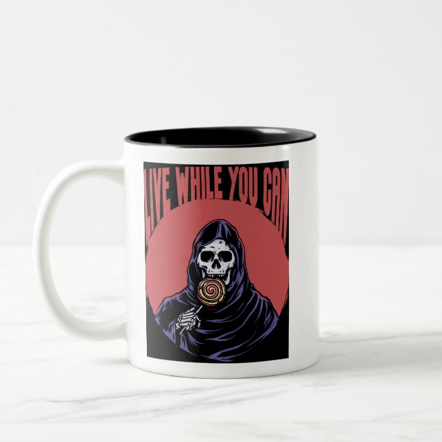 Grim Reaper Live While You Can Funny Joke Two-Tone Coffee Mug (Left)