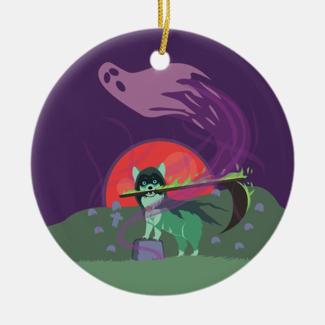 Grim Reaper Puppy Ceramic Tree Decoration (Front)