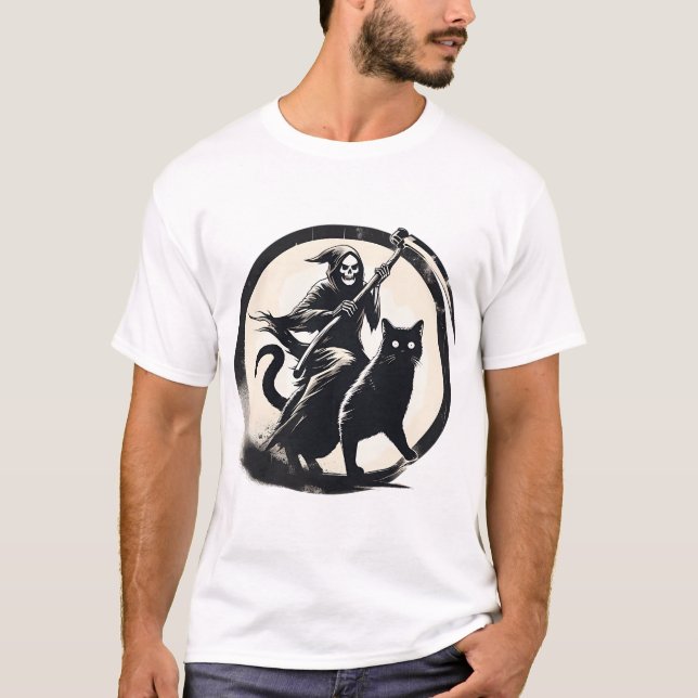 Grim Reaper Riding On Black Cat T-Shirt (Front)