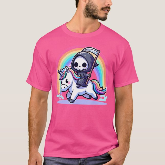 Grim Reaper Riding Unicorn Funny Rainbow Heavy Met T-Shirt (Front)