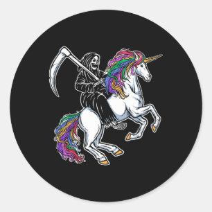 Grim Reaper Riding Unicorn Rainbow Skeleton Hallow Classic Round Sticker