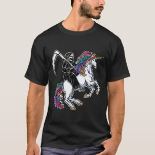 Grim Reaper Riding Unicorn Rainbow Skeleton Hallow T-Shirt