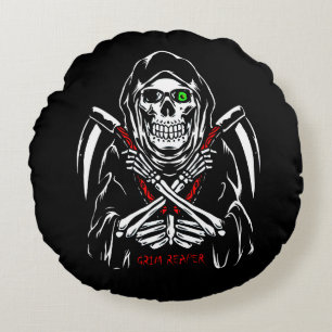 Grim Reaper Scythe Death Skeleton Bones Halloween Round Cushion