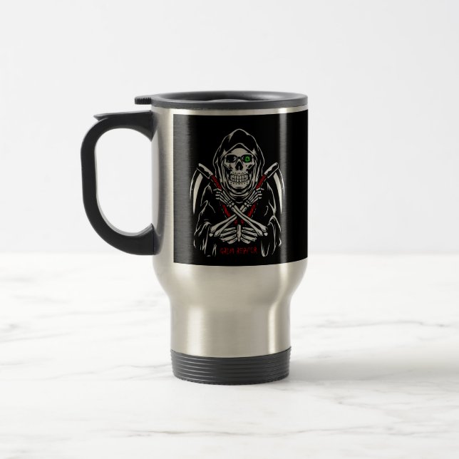 Grim Reaper Scythe Death Skeleton Bones Halloween Travel Mug (Left)