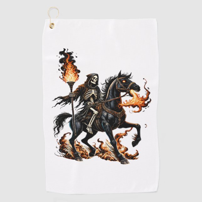 Grim Reaper Skeleton Riding Horse Flames Golf Towel (Front)