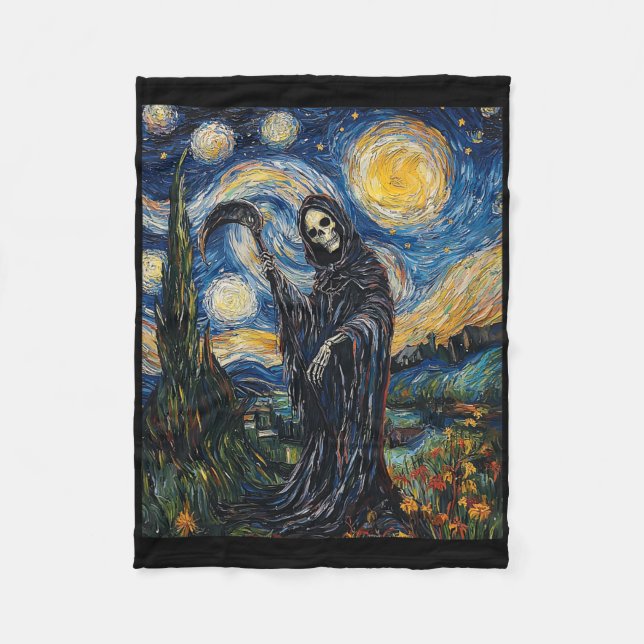 Grim Reaper Skeleton - Van Gogh Style - Starry Nig Fleece Blanket (Front)