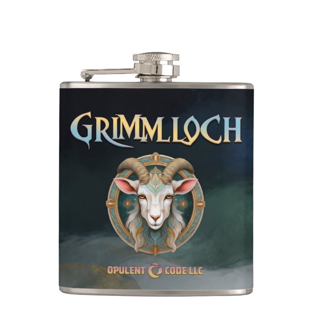 Grimmloch Goat Emblem Fantasy RPG Hip Flask (Front)
