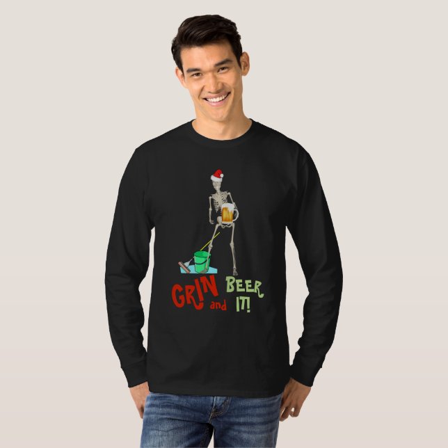 GRIN and BEER It Funny Skeleton MOP Christmas T-Shirt (Front Full)