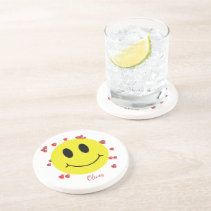 Grin Face with Red Hearts Personalised Coaster