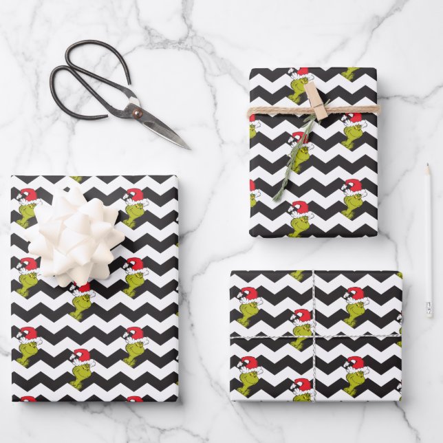 Grinch | Black & White Holiday Chevron Pattern Wrapping Paper Sheet (Front)