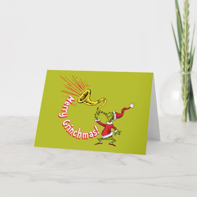 Grinch Blowing the Merry Grinchmas Horn Card (Front)