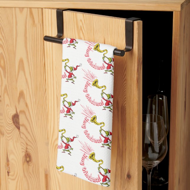 Grinch Blowing the Merry Grinchmas Horn Tea Towel (Thirds Fold)
