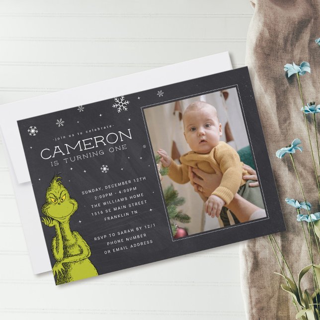 Grinch Chalkboard Birthday Invitation (Invitation on table)