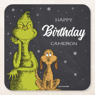 Grinch Chalkboard Birthday Square Paper Coaster