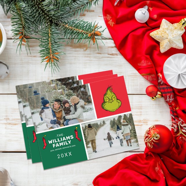 Grinch Christmas Family Photo Collage Holiday Postcard (Postcards on table)