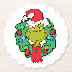 Grinch   Christmas Holiday Wreath Paper Coaster