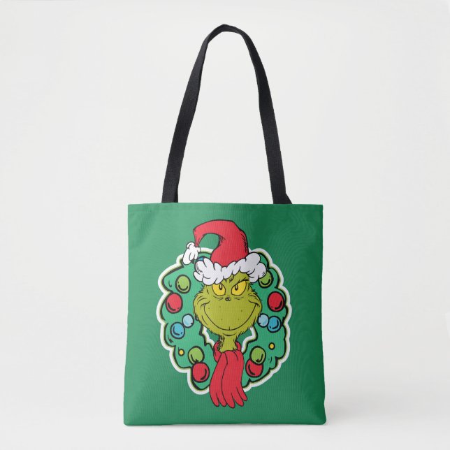 Grinch | Christmas Holiday Wreath Tote Bag (Front)