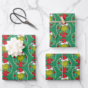 Grinch   Christmas Holiday Wreath Wrapping Paper Sheet