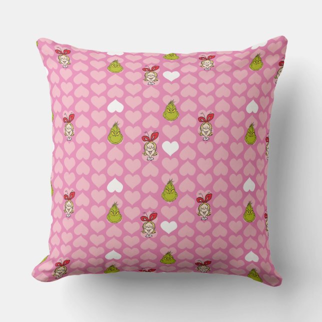 Grinch & Cindy-Lou Pink Heart Pattern Cushion (Front)