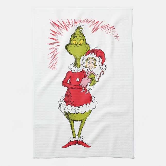 Grinch Holds Cindy Lou Who Tea Towel (Vertical)