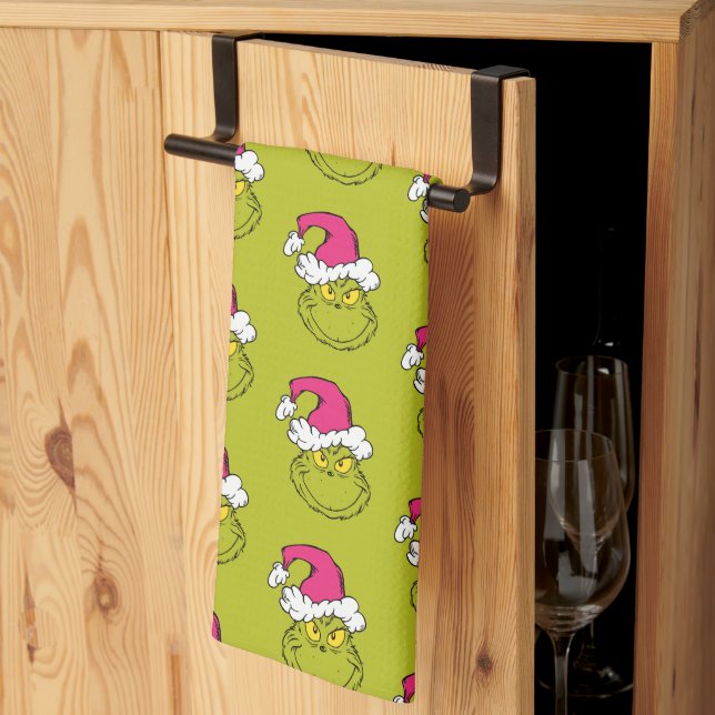 Grinch in Pink Santa Hat Tea Towel (Thirds Fold)