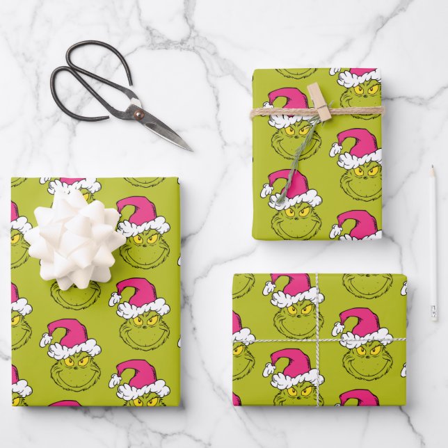 Grinch in Pink Santa Hat Wrapping Paper Sheet (Front)