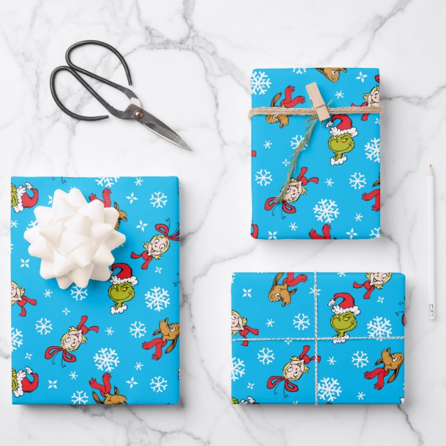 Grinch, Max & Cindy-Lou Who Snowlfake Pattern Wrapping Paper Sheet (Front)