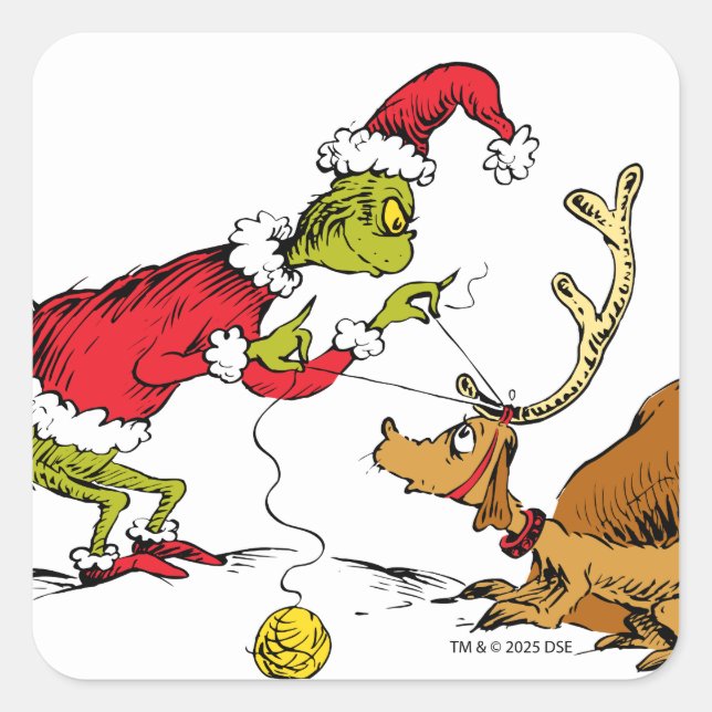 Grinch Prepares Max the Reindeer Square Sticker (Front)