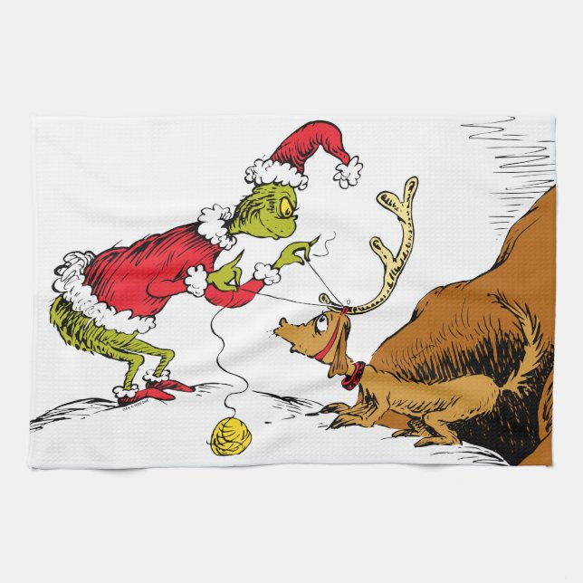 Grinch Prepares Max the Reindeer Tea Towel (Horizontal)