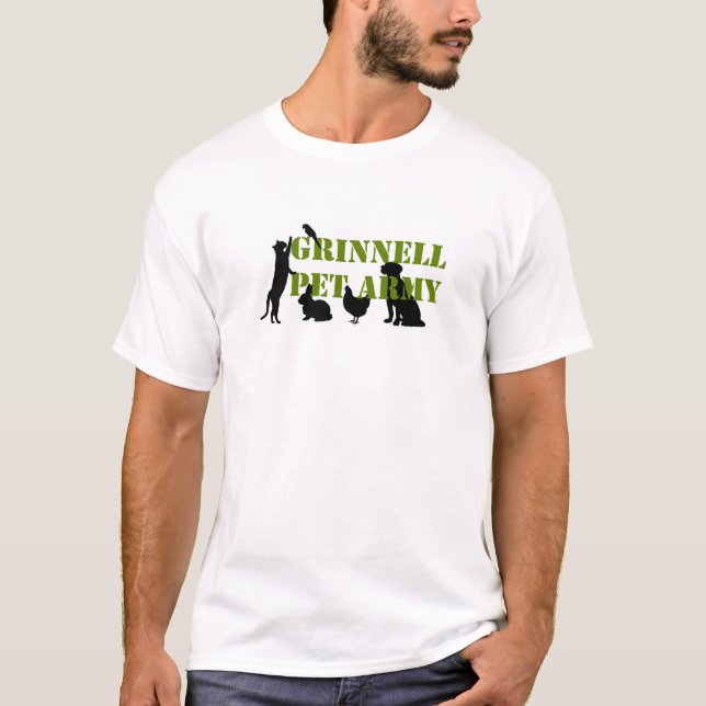 Grinnell Pet Army T-shirt with stencil and animals (Front)