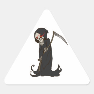 Grinning Grim Reaper with Red Eyes Holding Scythe Triangle Sticker